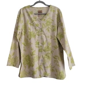 VTG A.M.I. Green Floral Tan Button Up V-Neck Shirt Lagenlook‎ Linen Cotton Large